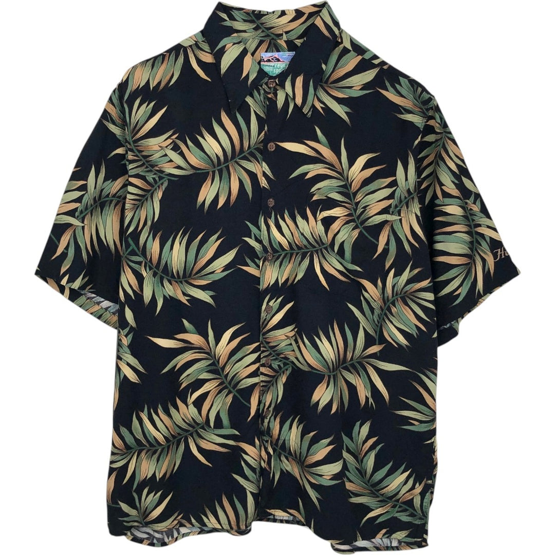 80s-90'S Reyn Spooner Diamond Head tag all-over leaf pattern rayon aloha shirt, boxy fit, men's size L (approx.) Rayon black type Vintage Second Hand