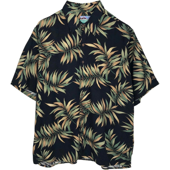 80s-90'S Reyn Spooner Diamond Head tag all-over leaf pattern rayon aloha shirt, boxy fit, men's size L (approx.) Rayon black type Vintage Second Hand