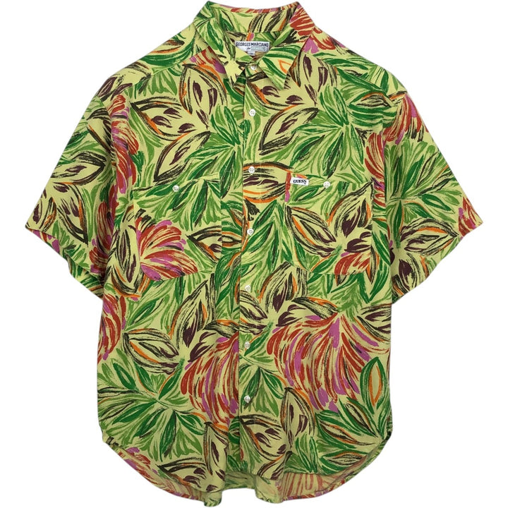 90'S Guess by Georges Marciano all-over botanical pattern rayon Hawaiian Aloha shirt, made in the USA, men's size L equivalent. Rayon green type yellow green Vintage Second Hand