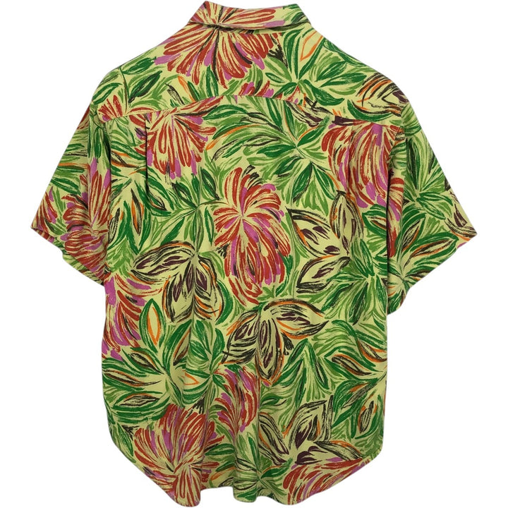 90'S Guess by Georges Marciano all-over botanical pattern rayon Hawaiian Aloha shirt, made in the USA, men's size L equivalent. Rayon green type yellow green Vintage Second Hand