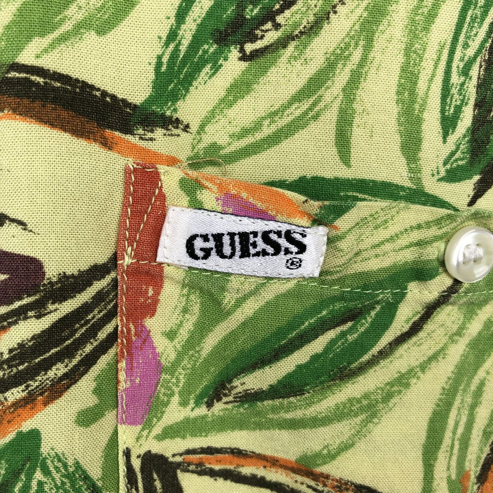90'S Guess by Georges Marciano all-over botanical pattern rayon Hawaiian Aloha shirt, made in the USA, men's size L equivalent. Rayon green type yellow green Vintage Second Hand