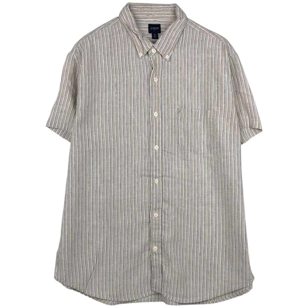 2000'S J.Crew Stripe Pattern Short-Sleeve Linen Button-Down Shirt, Men's Size XL (approx.) linen Beige type Vintage Second Hand