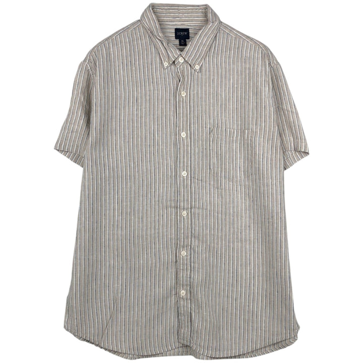 2000'S J.Crew Stripe Pattern Short-Sleeve Linen Button-Down Shirt, Men's Size XL (approx.) linen Beige type Vintage Second Hand