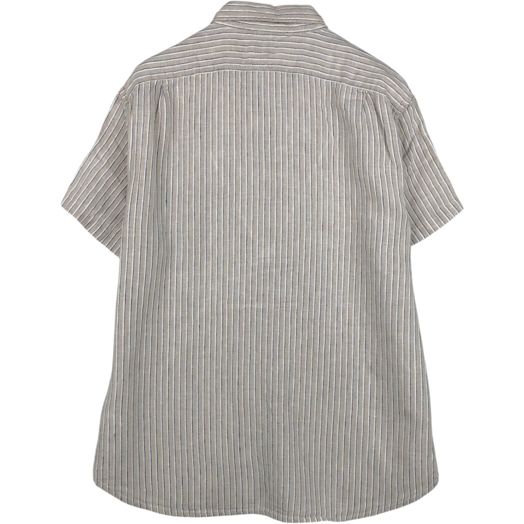2000'S J.Crew Stripe Pattern Short-Sleeve Linen Button-Down Shirt, Men's Size XL (approx.) linen Beige type Vintage Second Hand