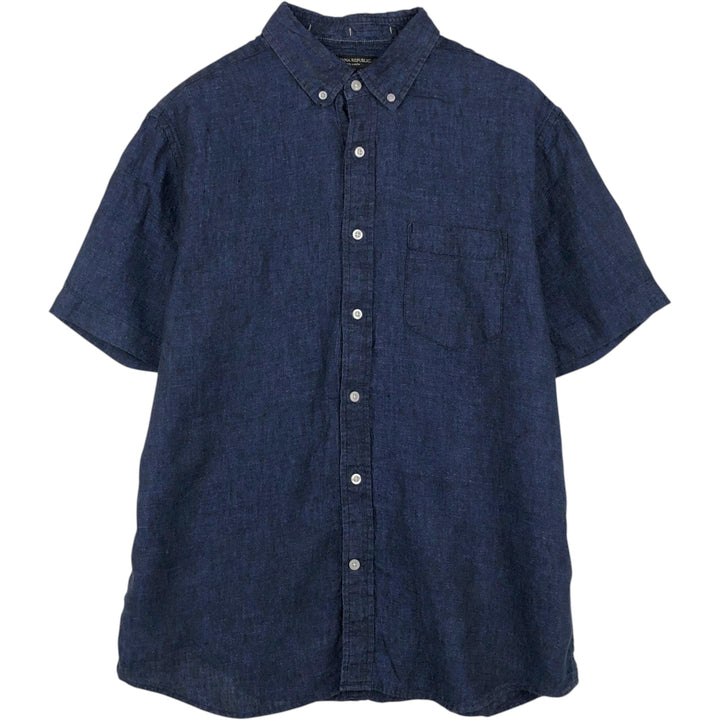 Banana Republic Short-Sleeve Linen Button-Down Shirt, Men's Size L (approx.) linen navy blue type Vintage Second Hand