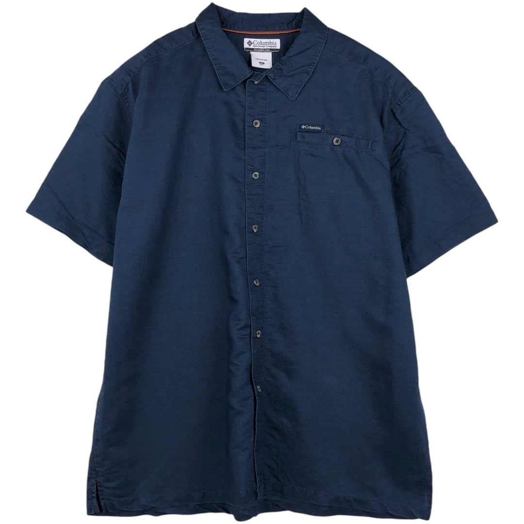 2000'S Columbia Short-Sleeve Ramie x Cotton Box Shirt, Men's Size XL Lamy navy blue type Vintage Second Hand