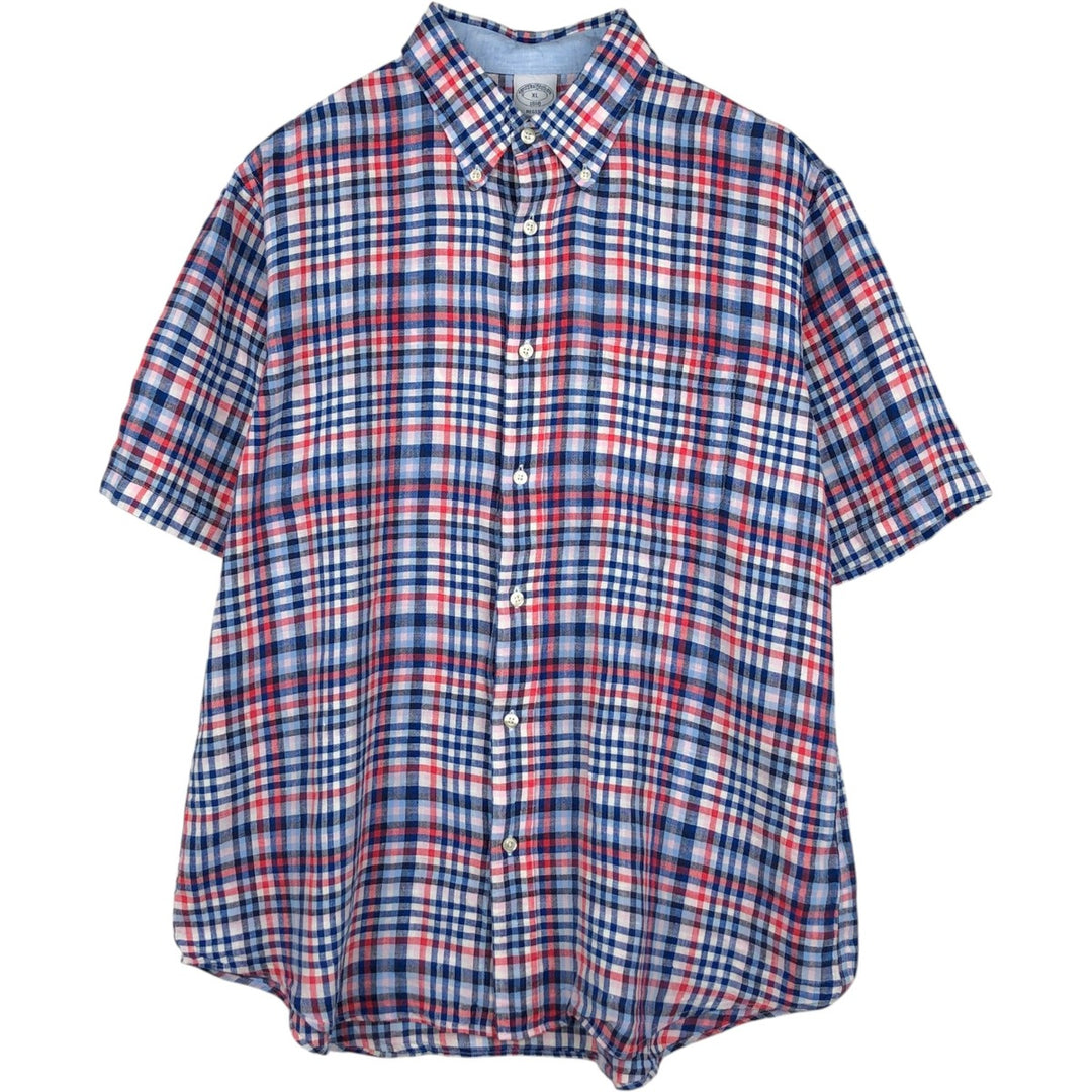 Brooks Brothers 1818 Check Pattern Short Sleeve Linen Button Down Shirt Men's XL linen navy blue type Vintage Second Hand