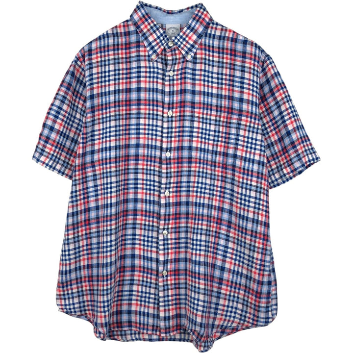 Brooks Brothers 1818 Check Pattern Short Sleeve Linen Button Down Shirt Men's XL linen navy blue type Vintage Second Hand