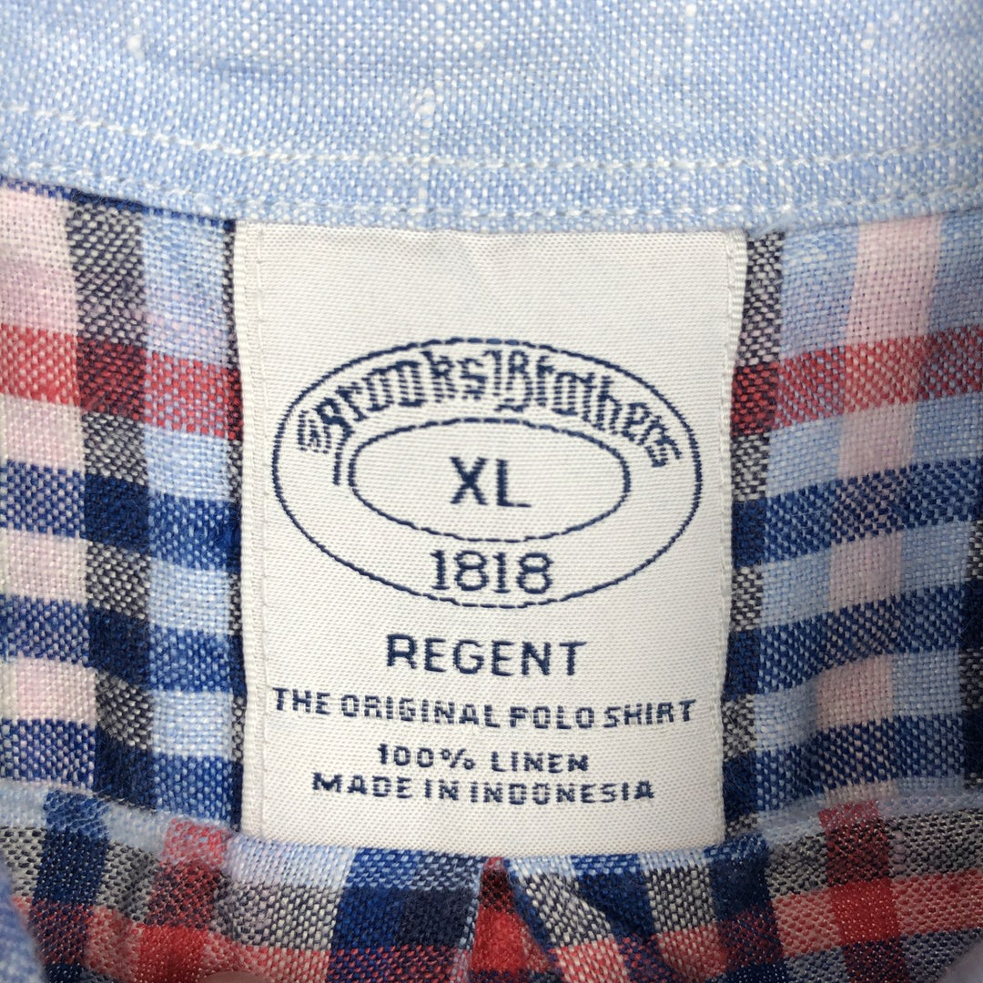Brooks Brothers 1818 Check Pattern Short Sleeve Linen Button Down Shirt Men's XL linen navy blue type Vintage Second Hand