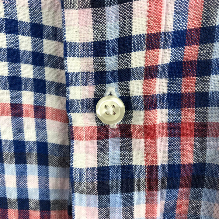 Brooks Brothers 1818 Check Pattern Short Sleeve Linen Button Down Shirt Men's XL linen navy blue type Vintage Second Hand