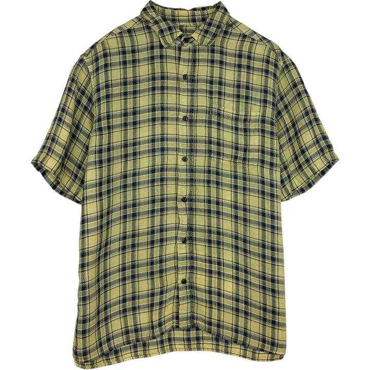 Orvis Active Fit Check Pattern Short-Sleeve Linen Shirt, Men's Size L (approx.) linen yellow type Vintage Second Hand