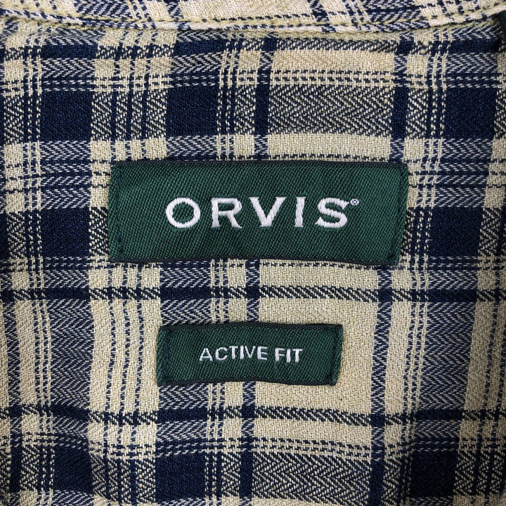 Orvis Active Fit Check Pattern Short-Sleeve Linen Shirt, Men's Size L (approx.) linen yellow type Vintage Second Hand