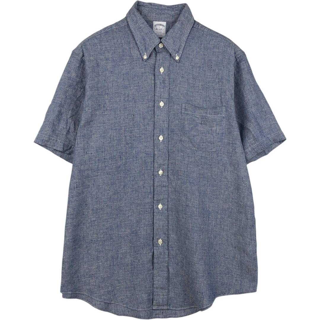 Brooks Brothers Est.1818 short sleeve linen button-down shirt, men's size L linen navy blue type Vintage Second Hand