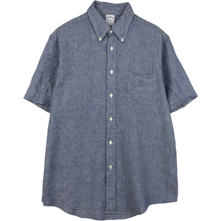 Brooks Brothers Est.1818 short sleeve linen button-down shirt, men's size L linen navy blue type Vintage Second Hand