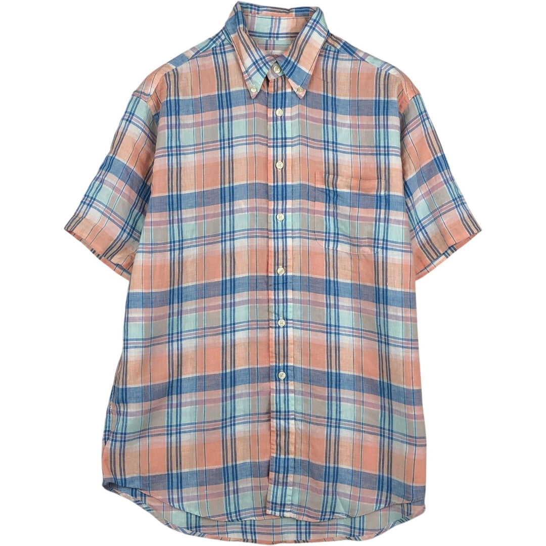 Brooks Brothers Est.1818 Check Pattern Short Sleeve Linen Button Down Shirt Men's M linen blue type Vintage Second Hand