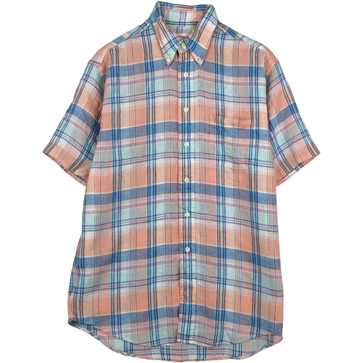 Brooks Brothers Est.1818 Check Pattern Short Sleeve Linen Button Down Shirt Men's M linen blue type Vintage Second Hand