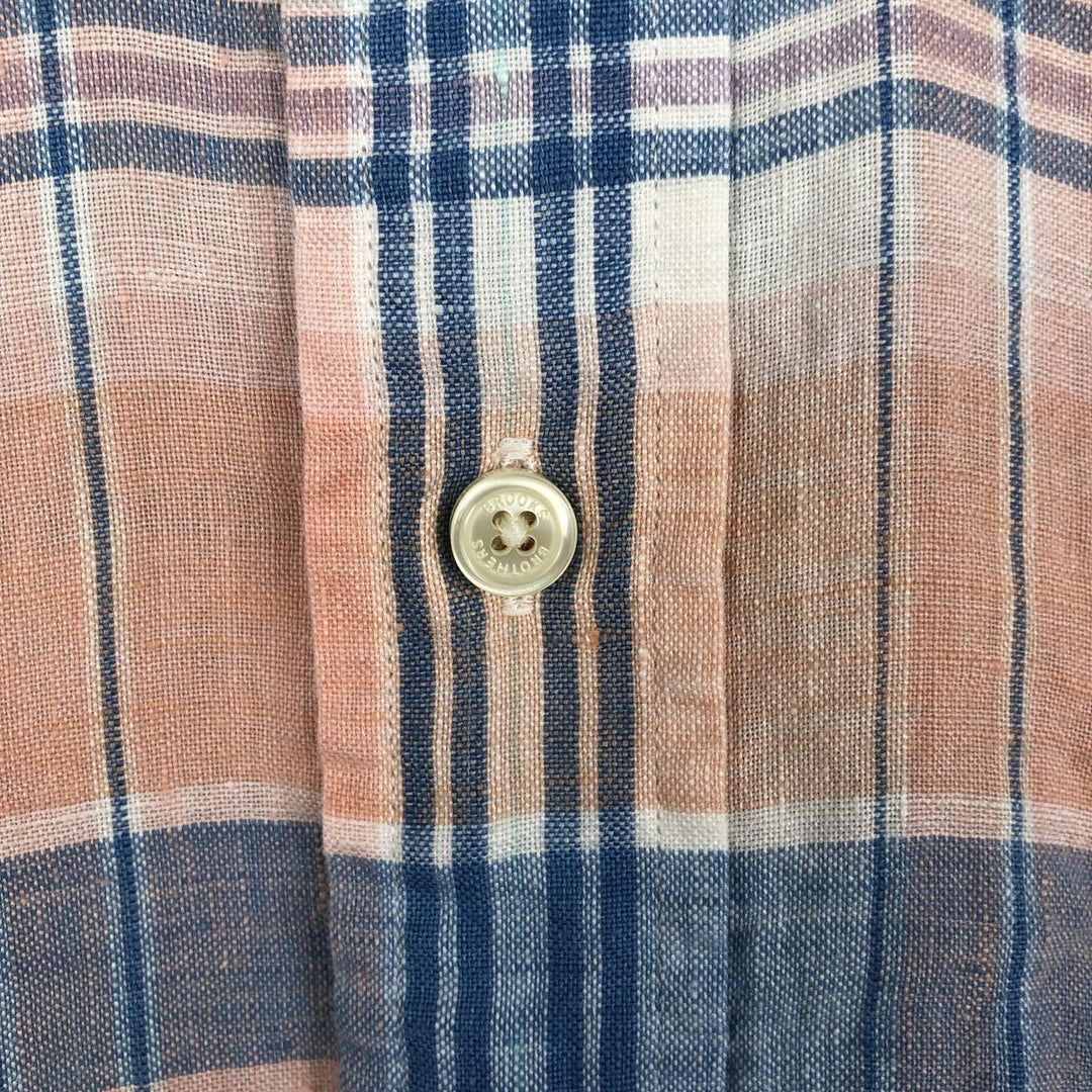 Brooks Brothers Est.1818 Check Pattern Short Sleeve Linen Button Down Shirt Men's M linen blue type Vintage Second Hand