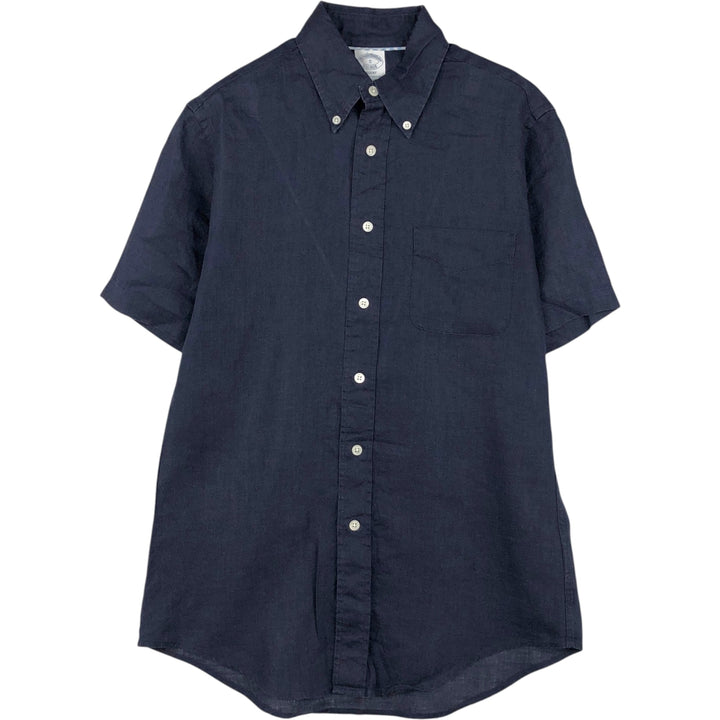 Brooks Brothers Est.1818 short sleeve linen button-down shirt, men's size S linen navy blue type Vintage Second Hand