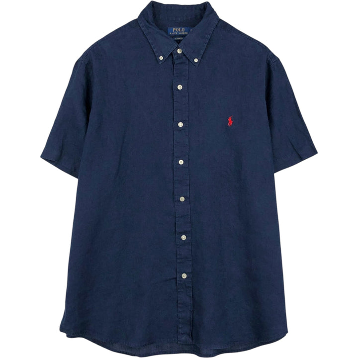 Ralph Lauren POLO RALPH LAUREN CLASSIC FIT Short-Sleeve Linen Button-Down Shirt, Men's Size XL (approx.) linen navy blue type Vintage Second Hand