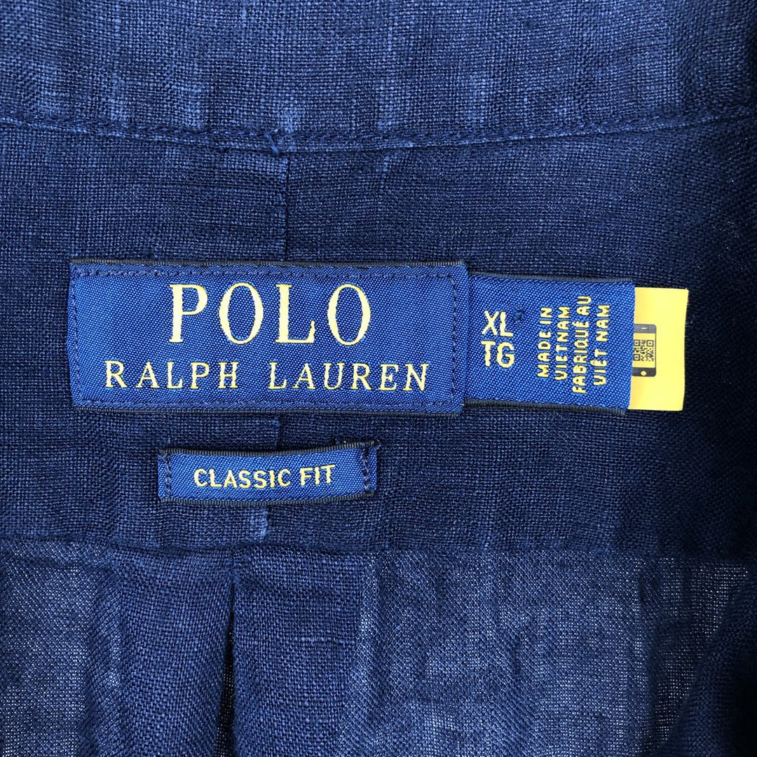 Ralph Lauren POLO RALPH LAUREN CLASSIC FIT Short-Sleeve Linen Button-Down Shirt, Men's Size XL (approx.) linen navy blue type Vintage Second Hand
