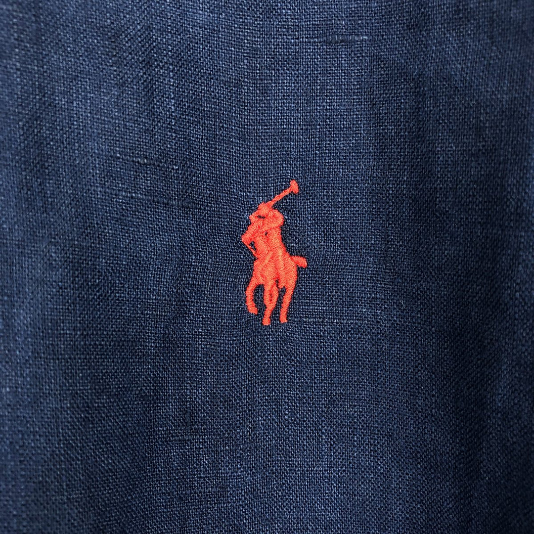 Ralph Lauren POLO RALPH LAUREN CLASSIC FIT Short-Sleeve Linen Button-Down Shirt, Men's Size XL (approx.) linen navy blue type Vintage Second Hand