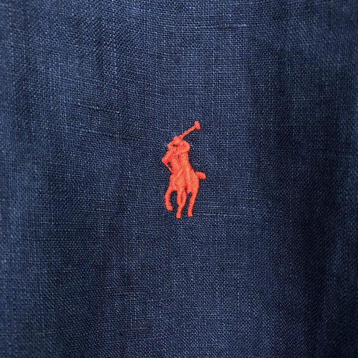 Ralph Lauren POLO RALPH LAUREN CLASSIC FIT Short-Sleeve Linen Button-Down Shirt, Men's Size XL (approx.) linen navy blue type Vintage Second Hand