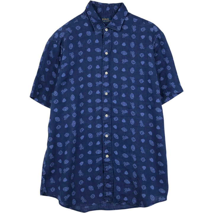 Ralph Lauren POLO RALPH LAUREN all-over print short-sleeved linen shirt, men's size L (approx.) linen navy blue type Vintage Second Hand