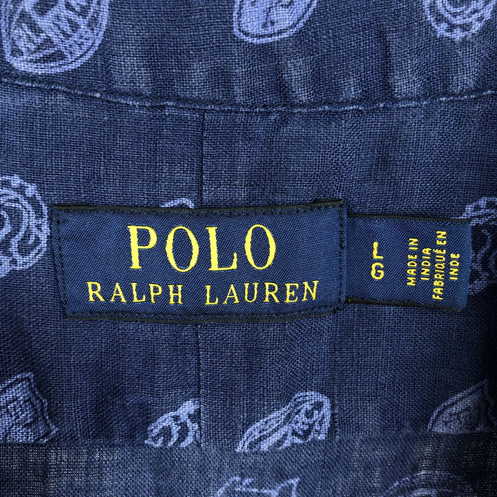 Ralph Lauren POLO RALPH LAUREN all-over print short-sleeved linen shirt, men's size L (approx.) linen navy blue type Vintage Second Hand