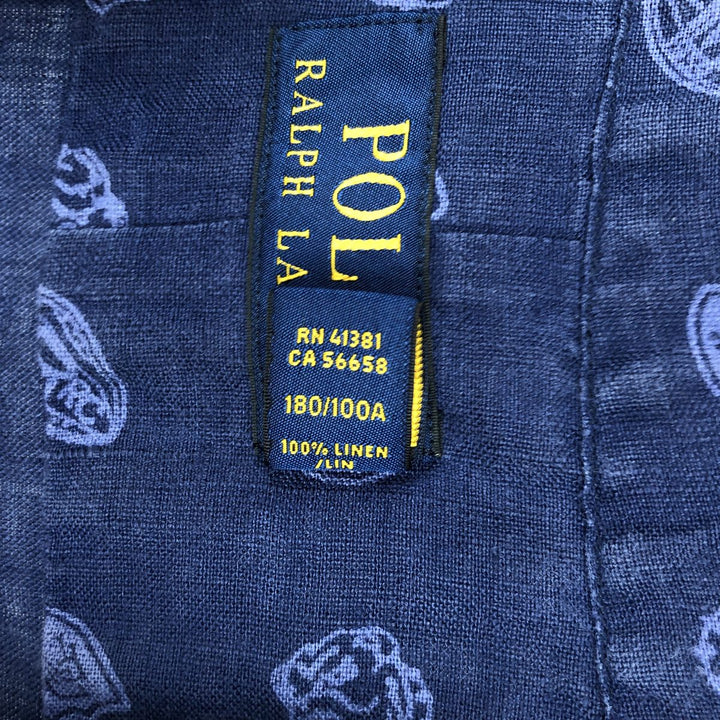 Ralph Lauren POLO RALPH LAUREN all-over print short-sleeved linen shirt, men's size L (approx.) linen navy blue type Vintage Second Hand