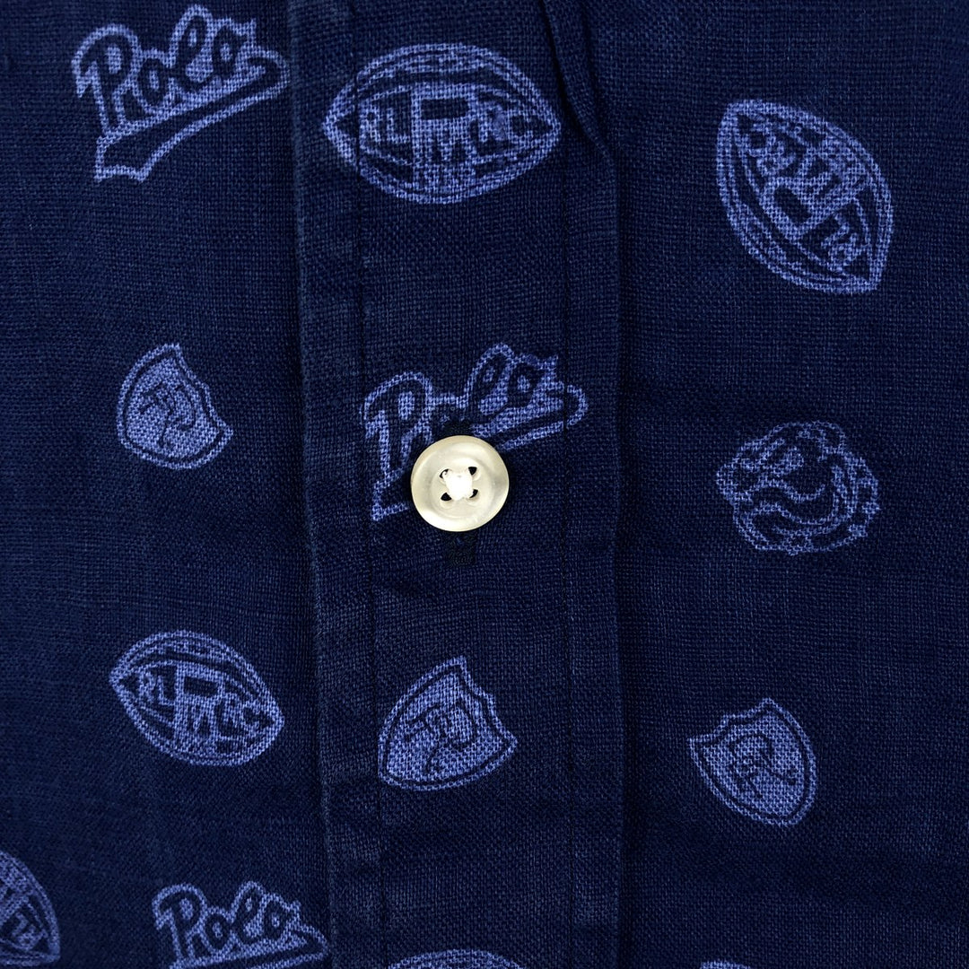 Ralph Lauren POLO RALPH LAUREN all-over print short-sleeved linen shirt, men's size L (approx.) linen navy blue type Vintage Second Hand