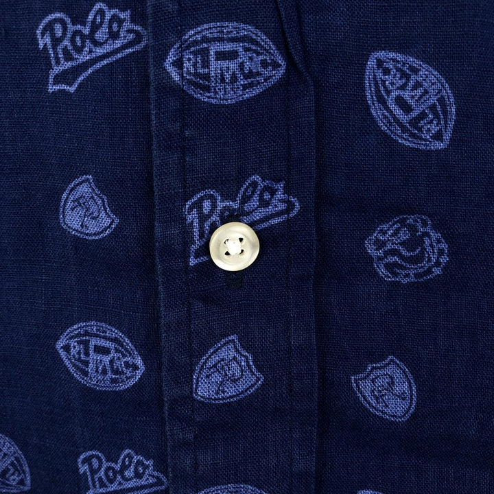 Ralph Lauren POLO RALPH LAUREN all-over print short-sleeved linen shirt, men's size L (approx.) linen navy blue type Vintage Second Hand