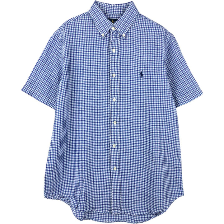 Ralph Lauren RALPH LAUREN Check Pattern Short-Sleeve Linen Button-Down Shirt Men's Size M (approx.) linen blue type Vintage Second Hand