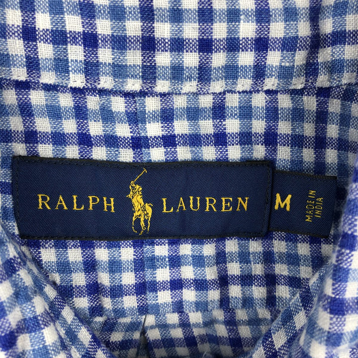Ralph Lauren RALPH LAUREN Check Pattern Short-Sleeve Linen Button-Down Shirt Men's Size M (approx.) linen blue type Vintage Second Hand