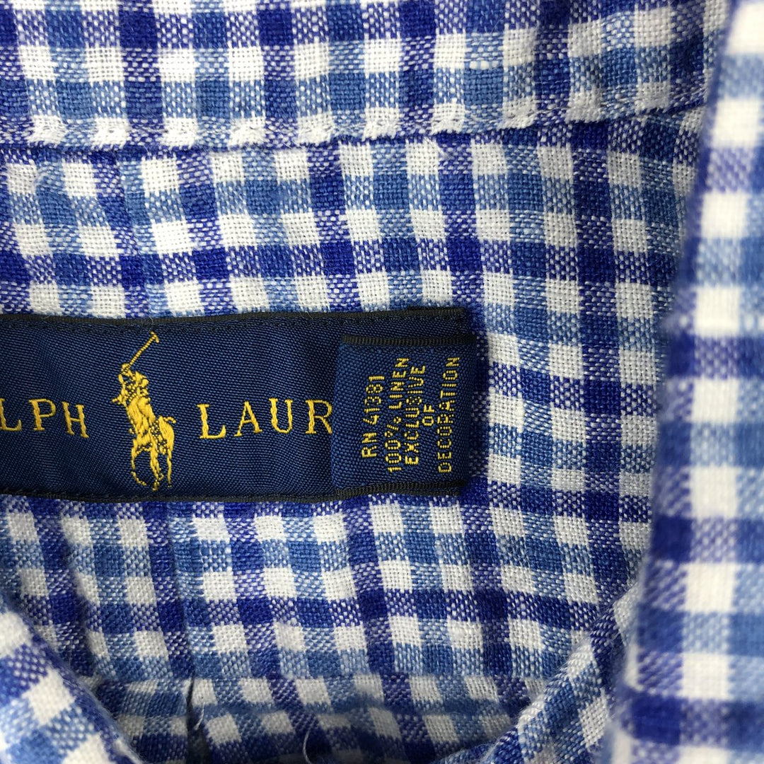 Ralph Lauren RALPH LAUREN Check Pattern Short-Sleeve Linen Button-Down Shirt Men's Size M (approx.) linen blue type Vintage Second Hand