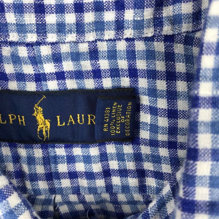 Ralph Lauren RALPH LAUREN Check Pattern Short-Sleeve Linen Button-Down Shirt Men's Size M (approx.) linen blue type Vintage Second Hand
