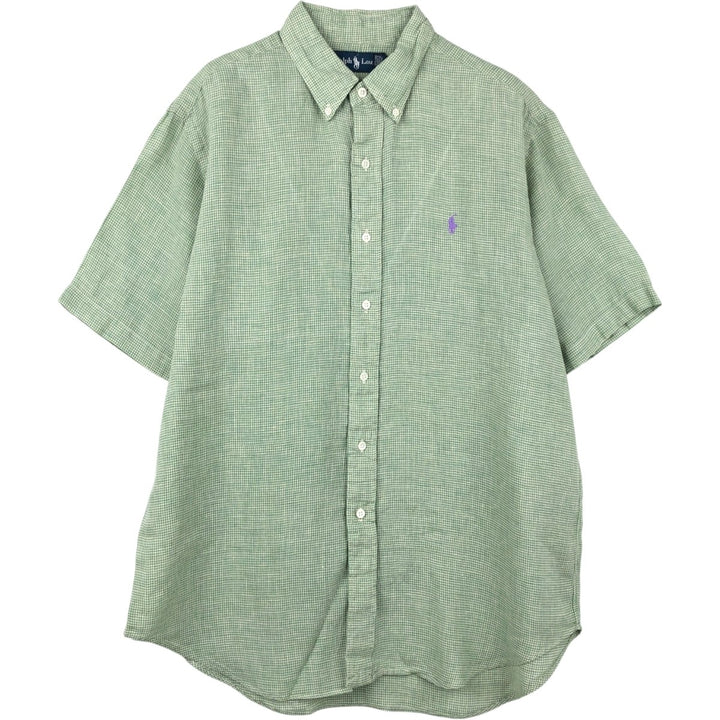 Ralph Lauren Check Pattern Short Sleeve Linen Button Down Shirt Men's Size L linen green type Vintage Second Hand