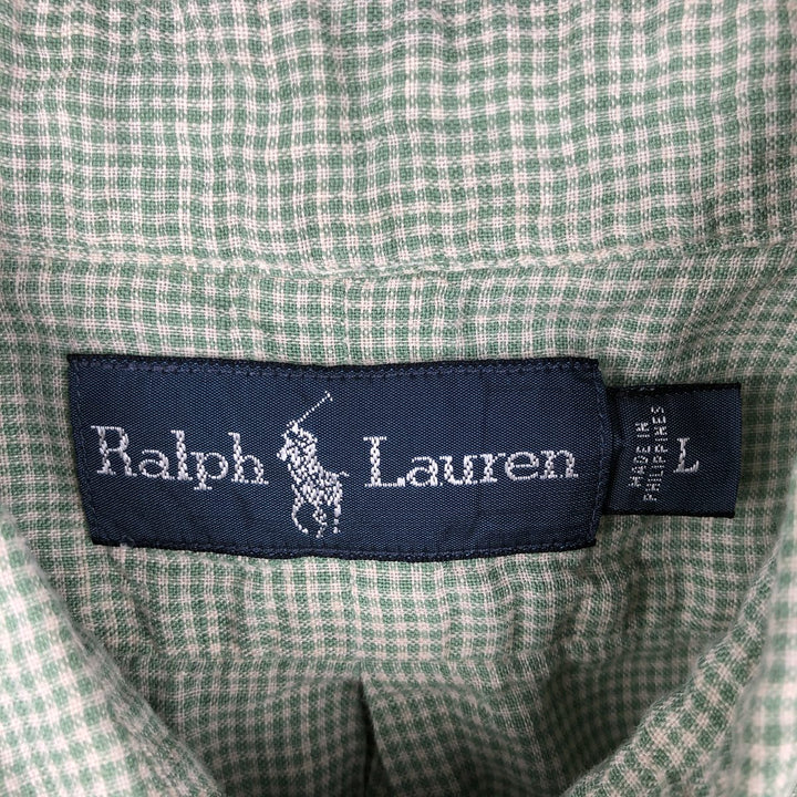 Ralph Lauren Check Pattern Short Sleeve Linen Button Down Shirt Men's Size L linen green type Vintage Second Hand