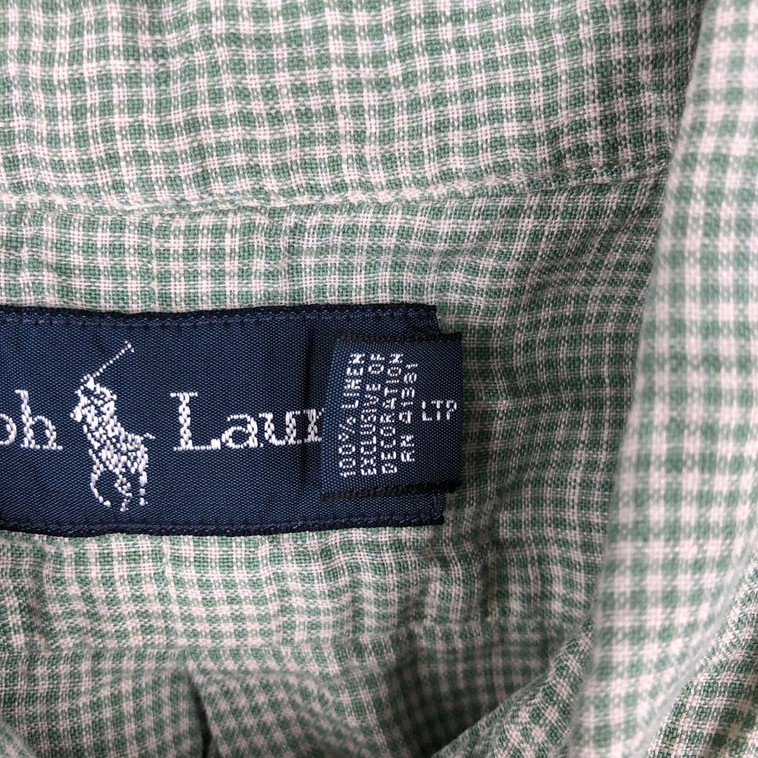 Ralph Lauren Check Pattern Short Sleeve Linen Button Down Shirt Men's Size L linen green type Vintage Second Hand