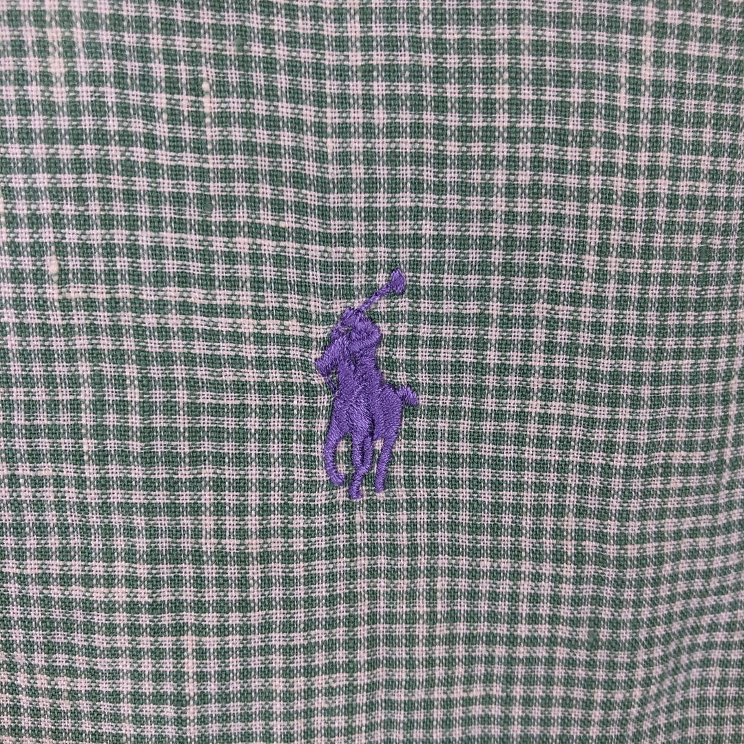 Ralph Lauren Check Pattern Short Sleeve Linen Button Down Shirt Men's Size L linen green type Vintage Second Hand