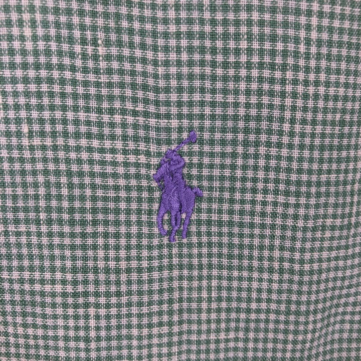 Ralph Lauren Check Pattern Short Sleeve Linen Button Down Shirt Men's Size L linen green type Vintage Second Hand