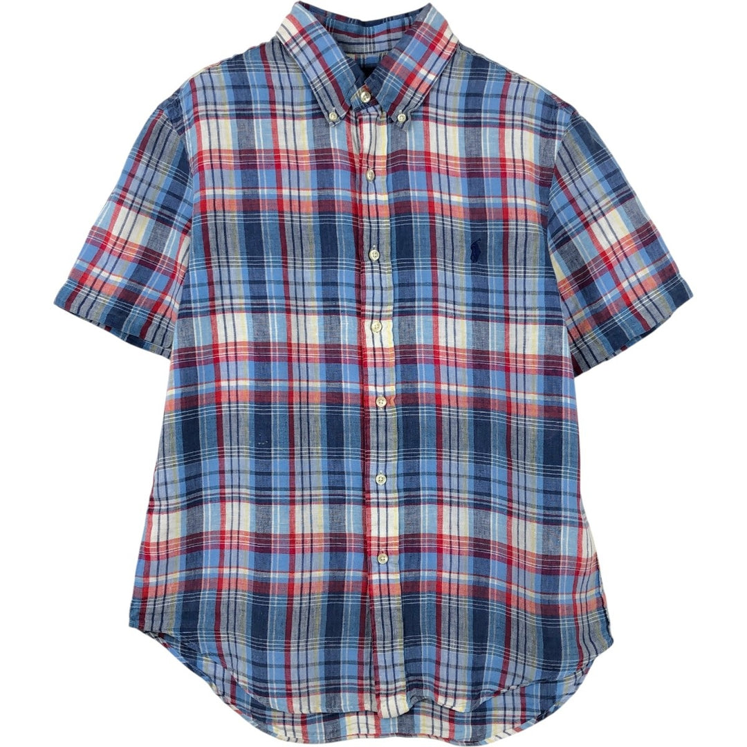 Ralph Lauren Custom Fit Check Pattern Madras Check Short-Sleeve Linen Button-Down Shirt, Men's Size M (approx.) linen blue type Vintage Second Hand