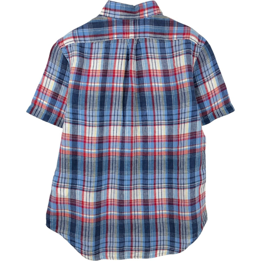 Ralph Lauren Custom Fit Check Pattern Madras Check Short-Sleeve Linen Button-Down Shirt, Men's Size M (approx.) linen blue type Vintage Second Hand