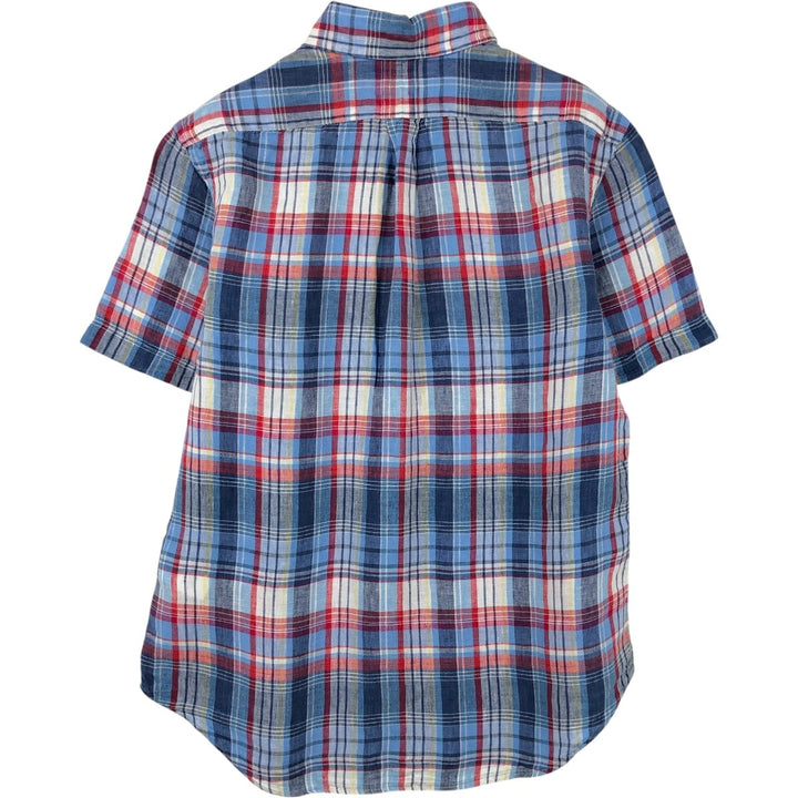 Ralph Lauren Custom Fit Check Pattern Madras Check Short-Sleeve Linen Button-Down Shirt, Men's Size M (approx.) linen blue type Vintage Second Hand