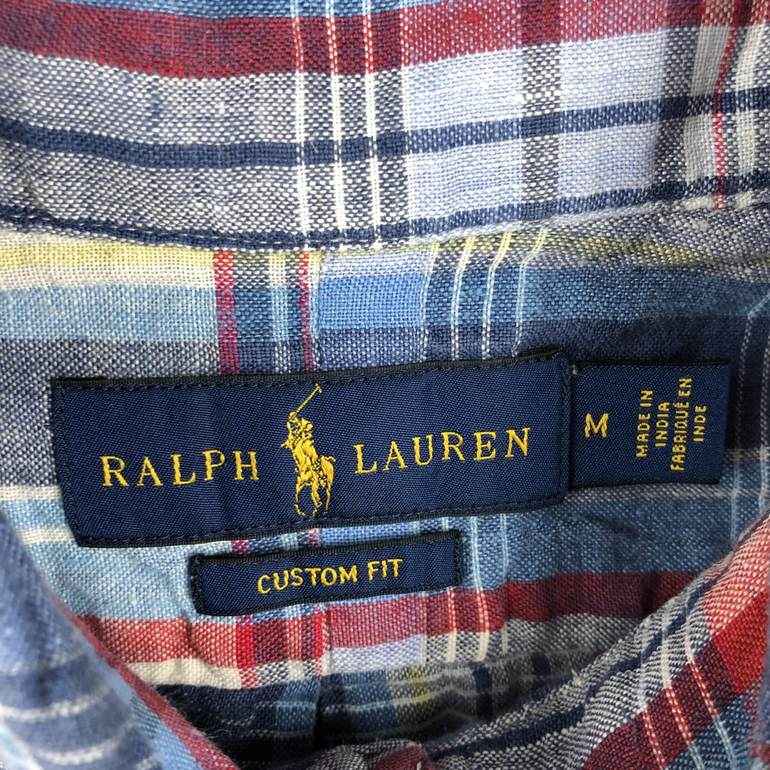 Ralph Lauren Custom Fit Check Pattern Madras Check Short-Sleeve Linen Button-Down Shirt, Men's Size M (approx.) linen blue type Vintage Second Hand