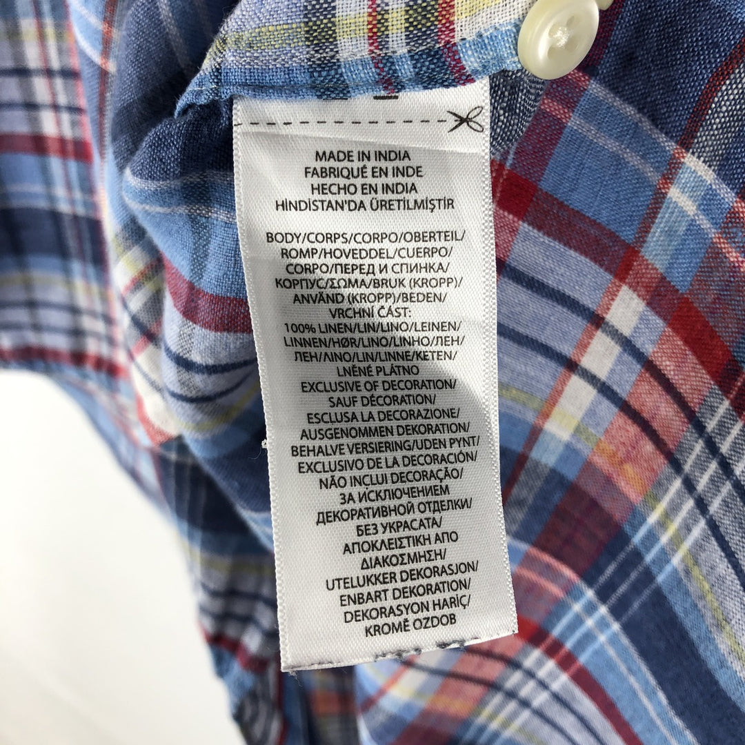 Ralph Lauren Custom Fit Check Pattern Madras Check Short-Sleeve Linen Button-Down Shirt, Men's Size M (approx.) linen blue type Vintage Second Hand
