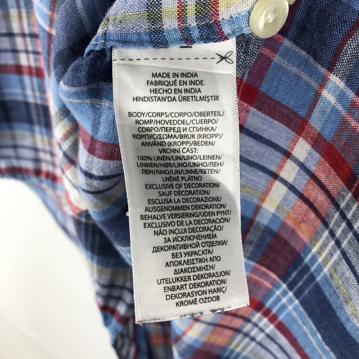 Ralph Lauren Custom Fit Check Pattern Madras Check Short-Sleeve Linen Button-Down Shirt, Men's Size M (approx.) linen blue type Vintage Second Hand