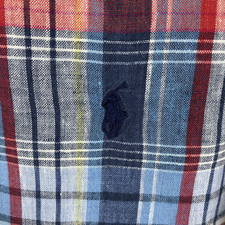 Ralph Lauren Custom Fit Check Pattern Madras Check Short-Sleeve Linen Button-Down Shirt, Men's Size M (approx.) linen blue type Vintage Second Hand