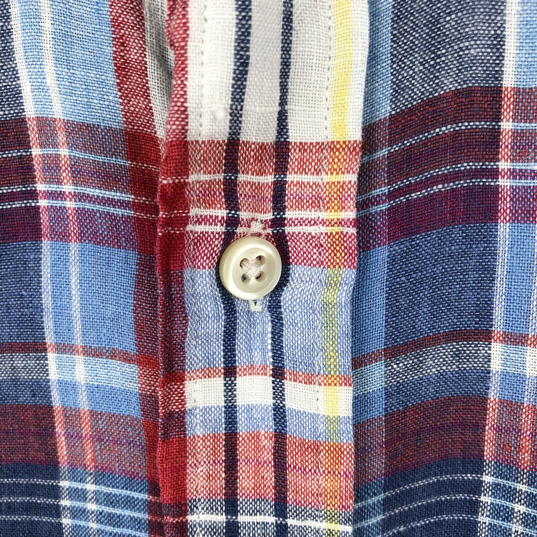 Ralph Lauren Custom Fit Check Pattern Madras Check Short-Sleeve Linen Button-Down Shirt, Men's Size M (approx.) linen blue type Vintage Second Hand