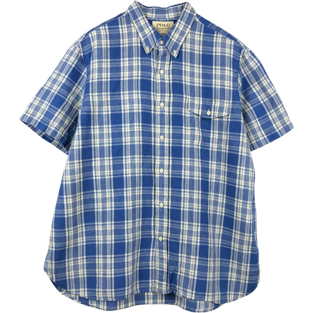 Ralph Lauren POLO DENIM&SUPPLY Check Pattern Short-Sleeve Linen Button-Down Shirt, Men's XXL (approx.) linen blue type Vintage Second Hand