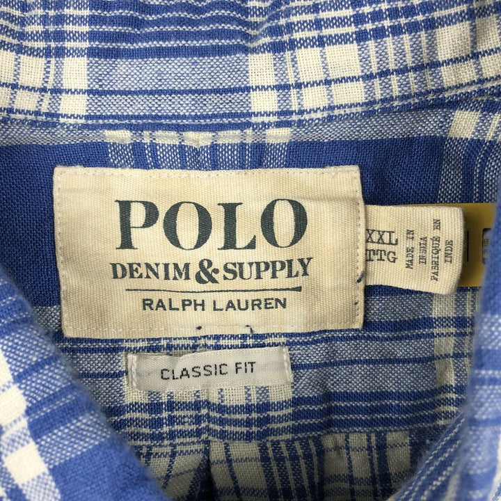 Ralph Lauren POLO DENIM&SUPPLY Check Pattern Short-Sleeve Linen Button-Down Shirt, Men's XXL (approx.) linen blue type Vintage Second Hand